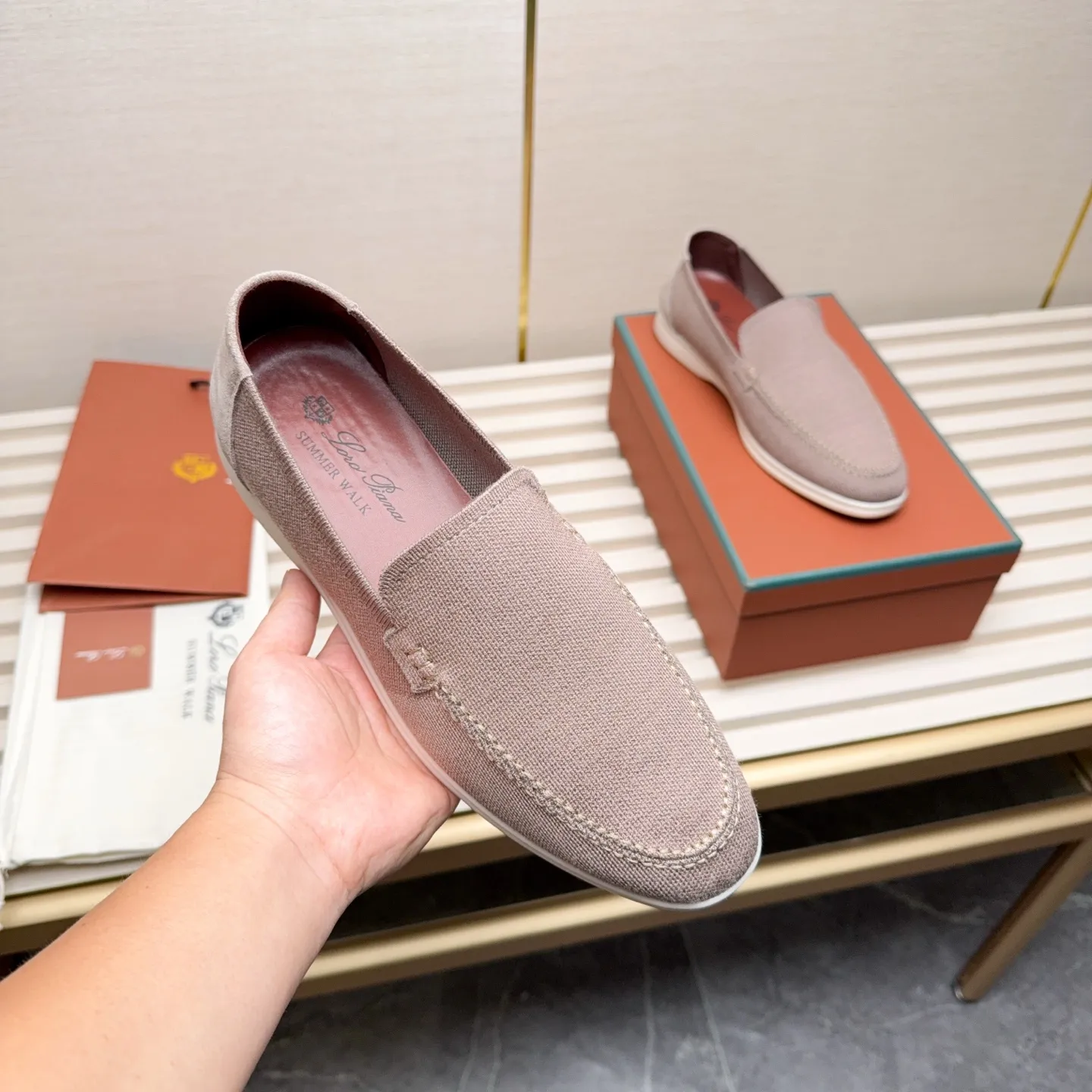 Men's Men's Shoes 💰400 Loro PIana moccasins are made of wish wool fabric. The upper is made of knitted fabric, made on a loom, and then attached to a rubber sole. The Rain System's water-repellent treatment enhances the shoe's functional design, while the suede details give the shoe a sense of elegance and sophistication. Made from Wish, fine wool from Australian and New Zealand Merino sheep
